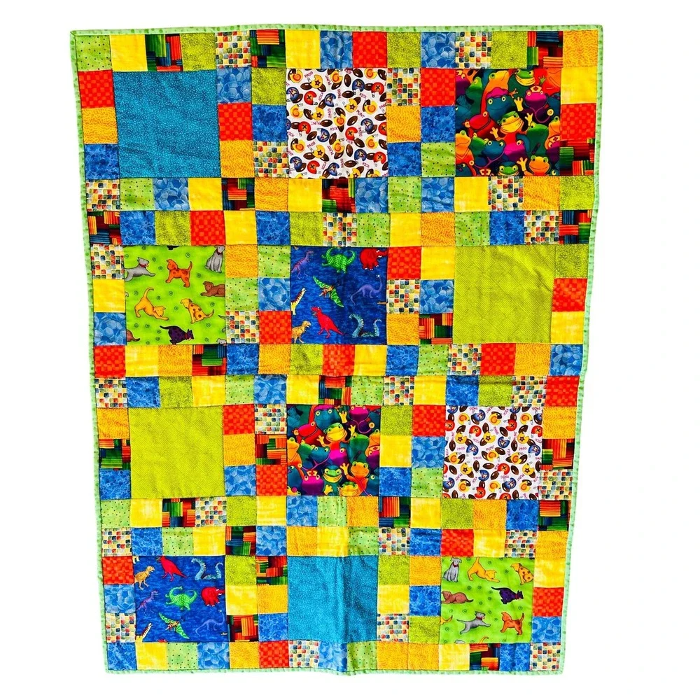Handmade Patchwork Baby Quilt Dinosaurs Dogs Baseball Frog Blanket Novelty Print